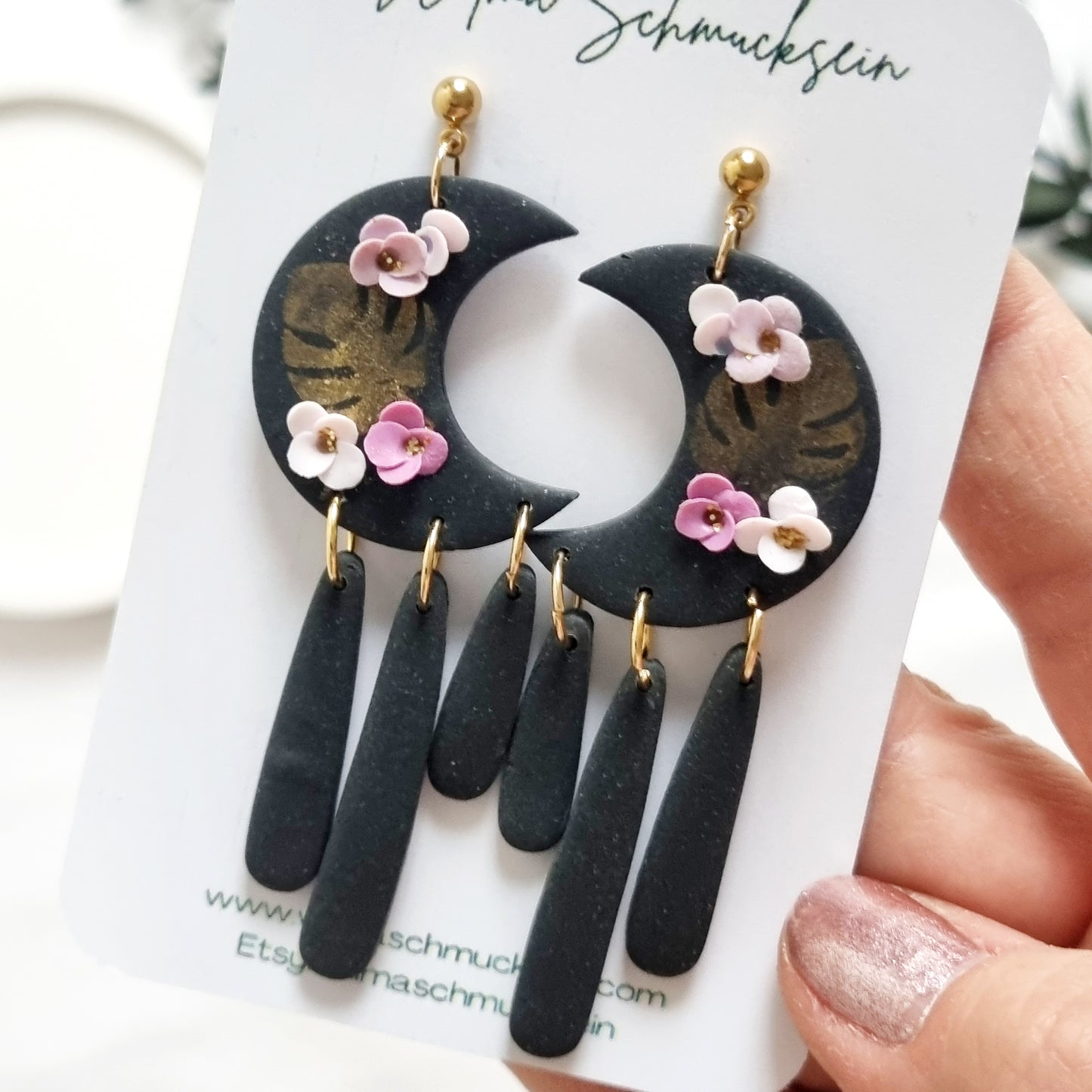 Ohrstecker Mond mit Blumen