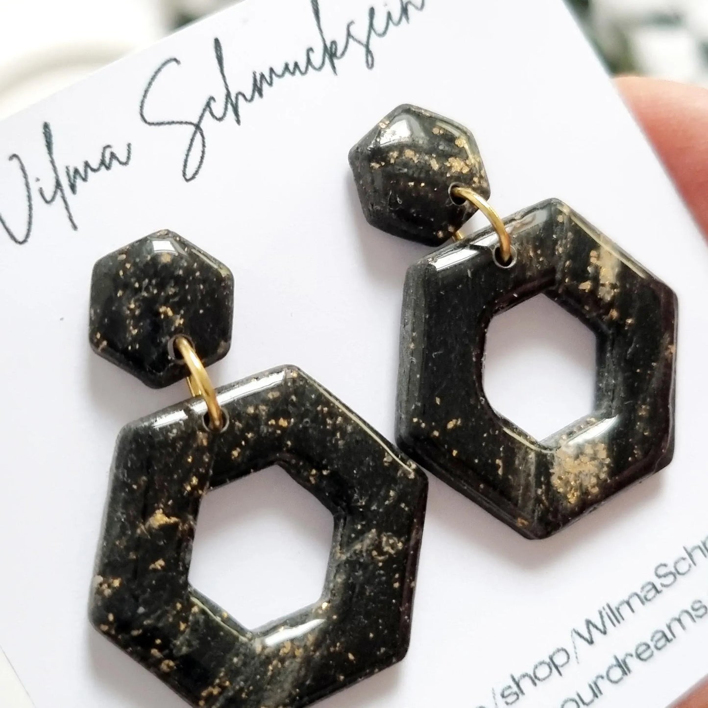 Sechseck Ohrstecker Schwarz Gold