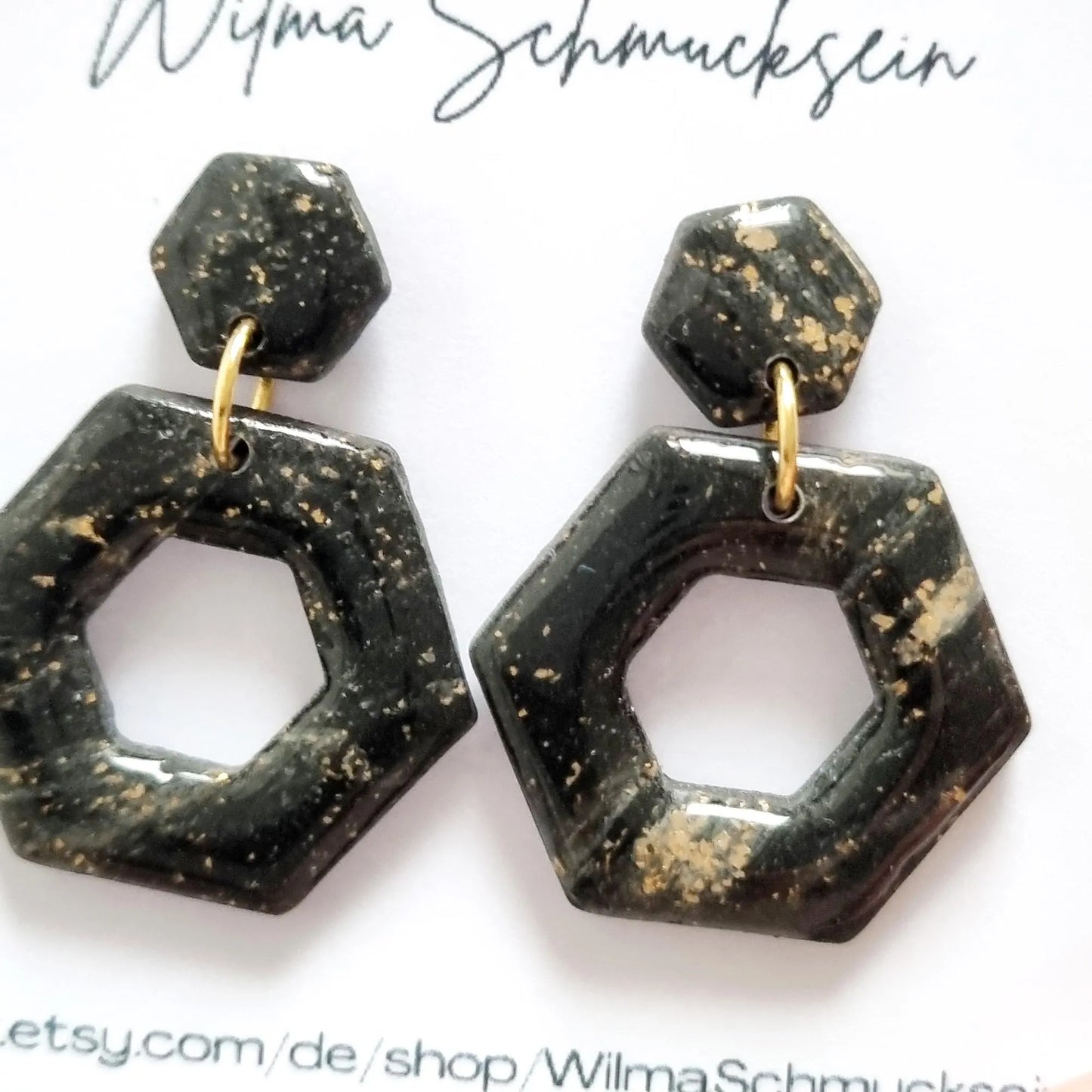 Sechseck Ohrstecker Schwarz Gold